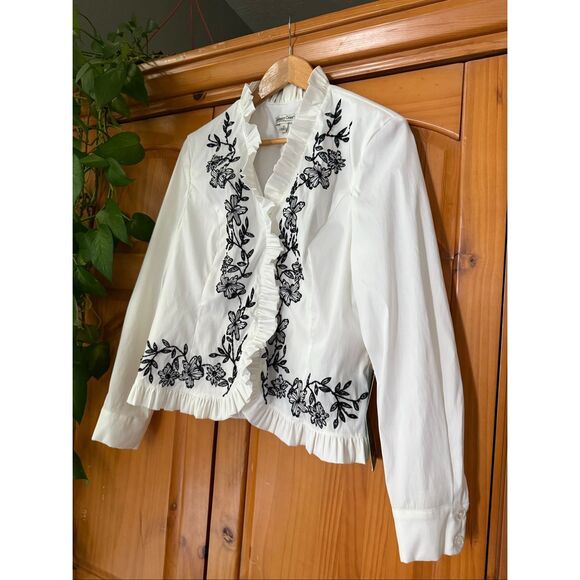 Coldwater Creek White Embroidered Ruffle Blouse Sz 14 NWT Back Zipper - Picture 3 of 14